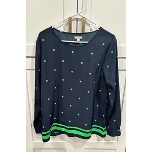 Gap Women Navy Blue‎ Neon Green Polka Dot Long Sleeve Blouse Top Size M